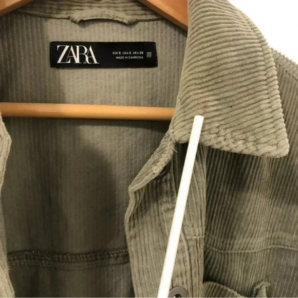 Zara Shacket Corduroy Olive Green Collared Oversized Button Up Raw Hem Size Smal - Picture 3 of 10